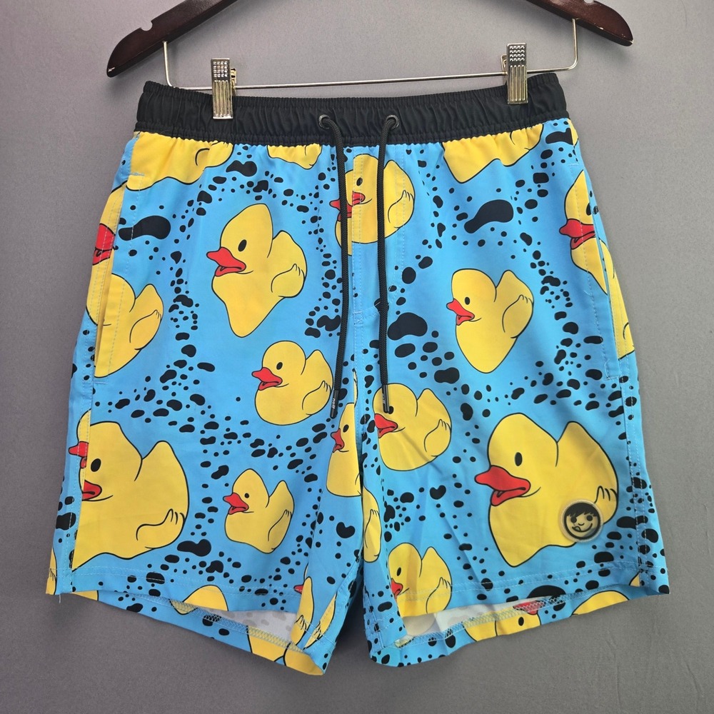 Neff Swim Trunks Rubber Ducky Print Board Shorts Medium Blue Yellow Fun Summer